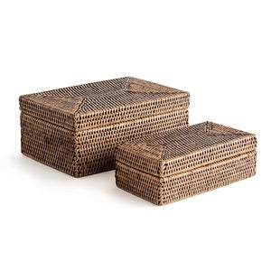 BURMA RATTAN RECTANGULAR LIDDED BOXES, SET OF 2