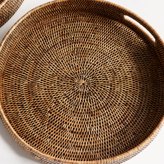BURMA RATTAN ROUND OTTOMAN TRAYS SMALL, SET OF 2