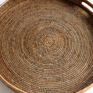 BURMA RATTAN ROUND OTTOMAN TRAYS LARGE, SET OF 2