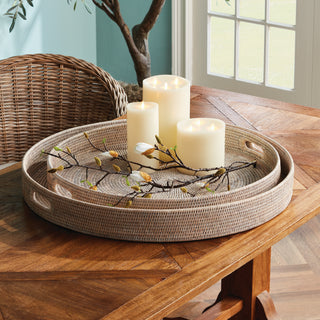 BURMA RATTAN ROUND OTTOMAN TRAYS LARGE, SET OF 2