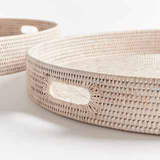 BURMA RATTAN ROUND OTTOMAN TRAYS LARGE, SET OF 2