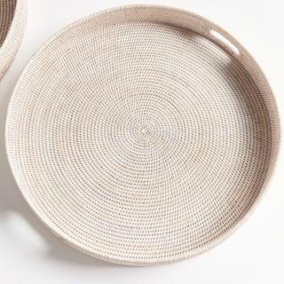 BURMA RATTAN ROUND OTTOMAN TRAYS LARGE, SET OF 2