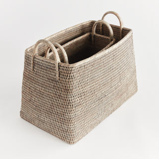 BURMA RATTAN NARROW MAGAZINE BASKET, SET OF 2