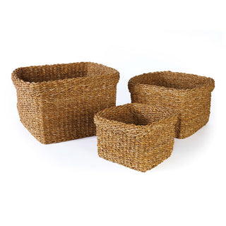 SEAGRASS SQUARE BASKETS WITH CUFFS, SET OF 3