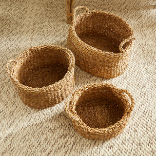 SEAGRASS OVAL BASKETS WITH HANDLES, SET OF 3
